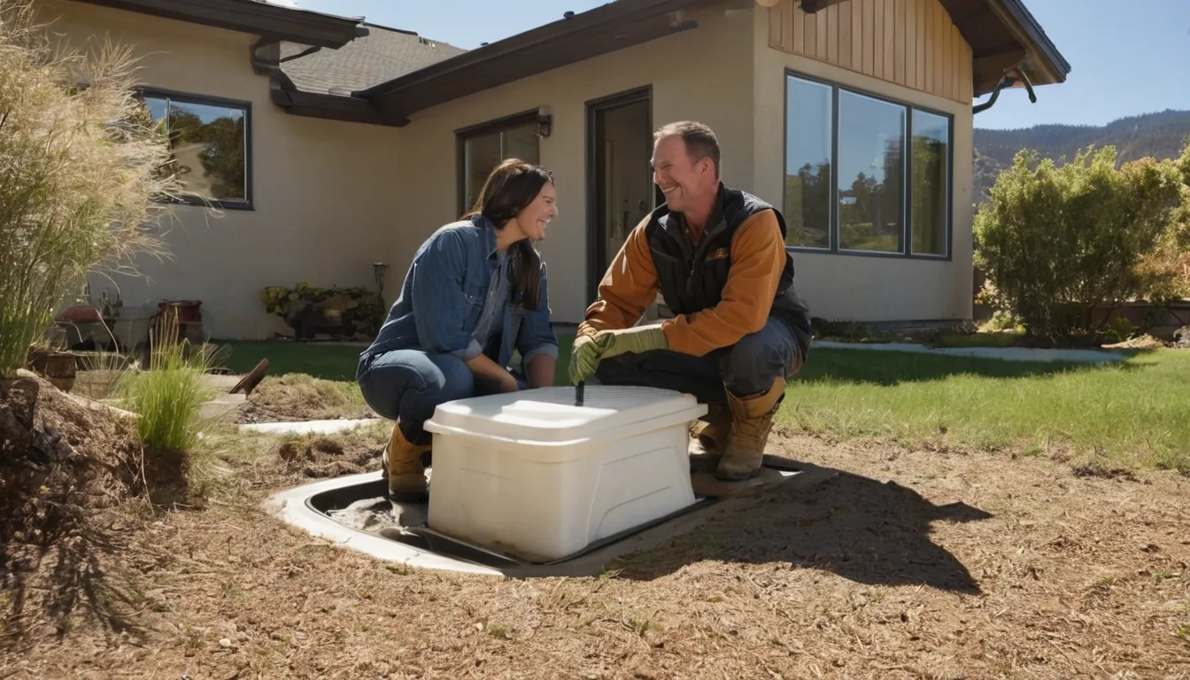 Friendly local provider inspecting an open septic tank access lid in a backyard in the Farmington area