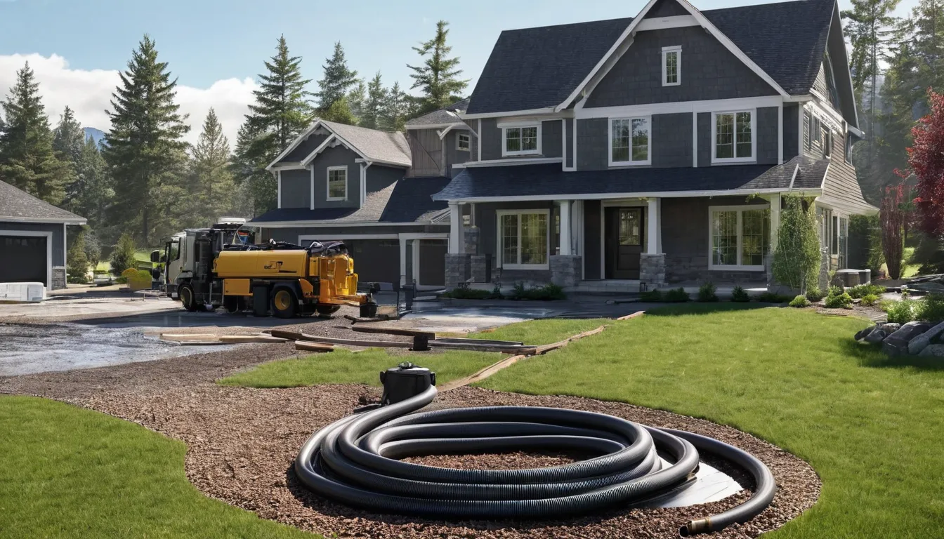 Septic provider pumping a residential tank in a Farmington yard with a pump truck and hose