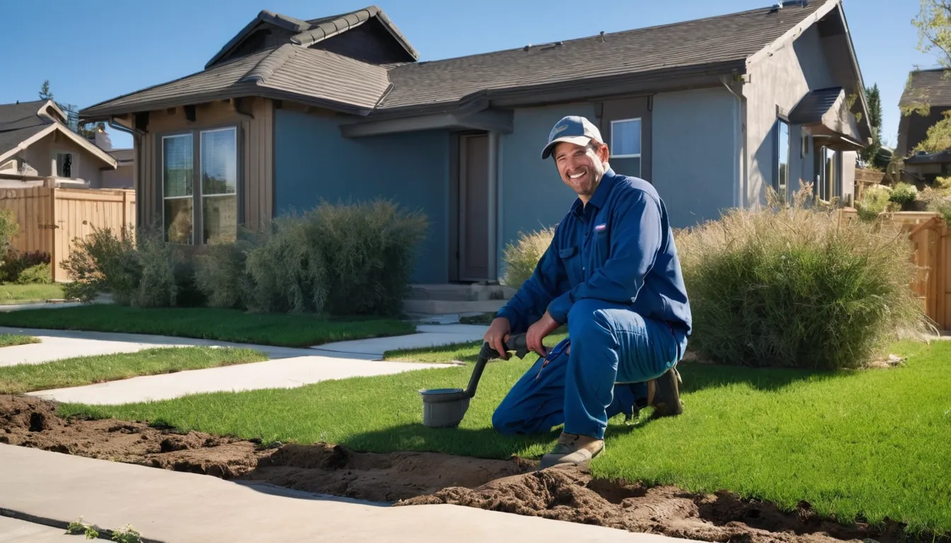 Provider checking a sewer clean-out in a yard near a frame home in Farmington